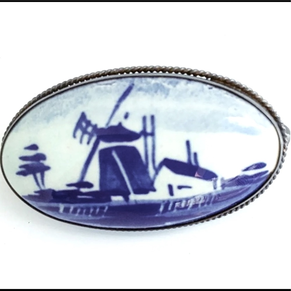 Vintage Authentic Delft Windmill Brooch
